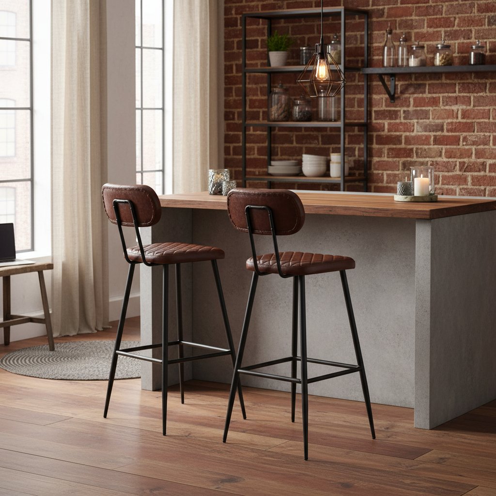 Lot de 2 Tabourets Industriel avec Assise en Cuir