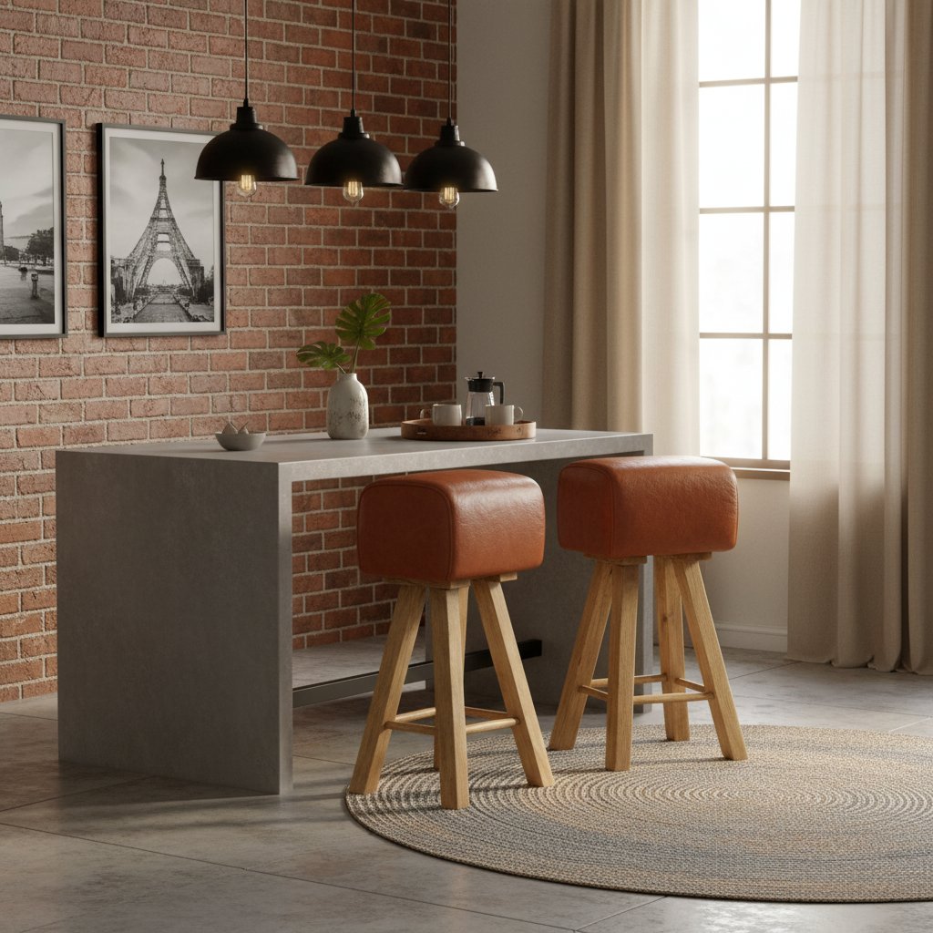 Lot de 2 Tabourets de Bar en Cuir et Bois de Manguier