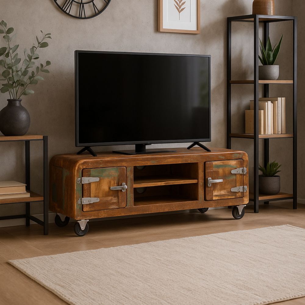 Meuble TV Authentique en Bois Massif et Roulettes-La Fabrique Industrielle