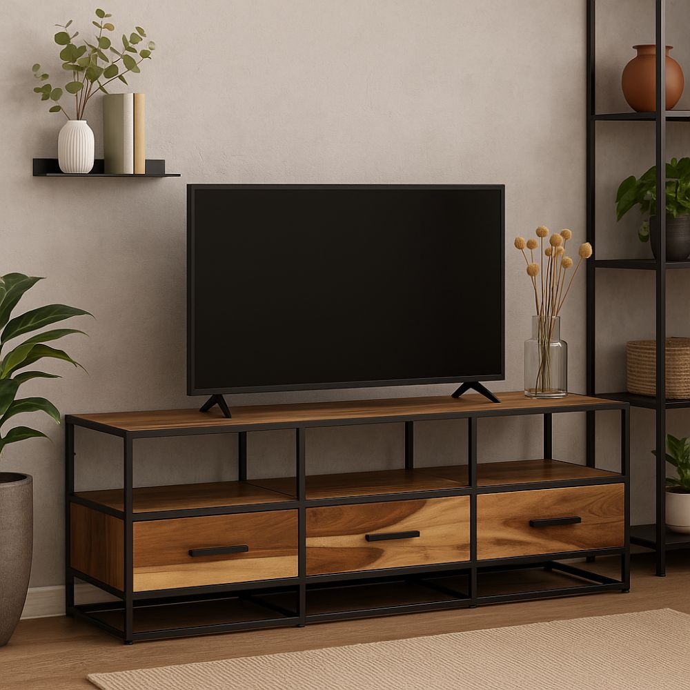Meuble TV en Bois d'Acacia et Fer-La Fabrique Industrielle