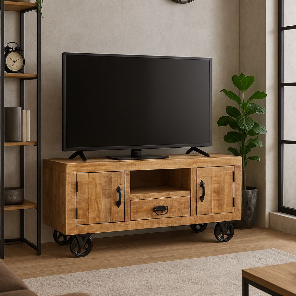 Meuble TV en Bois de Manguier avec Roulettes-La Fabrique Industrielle