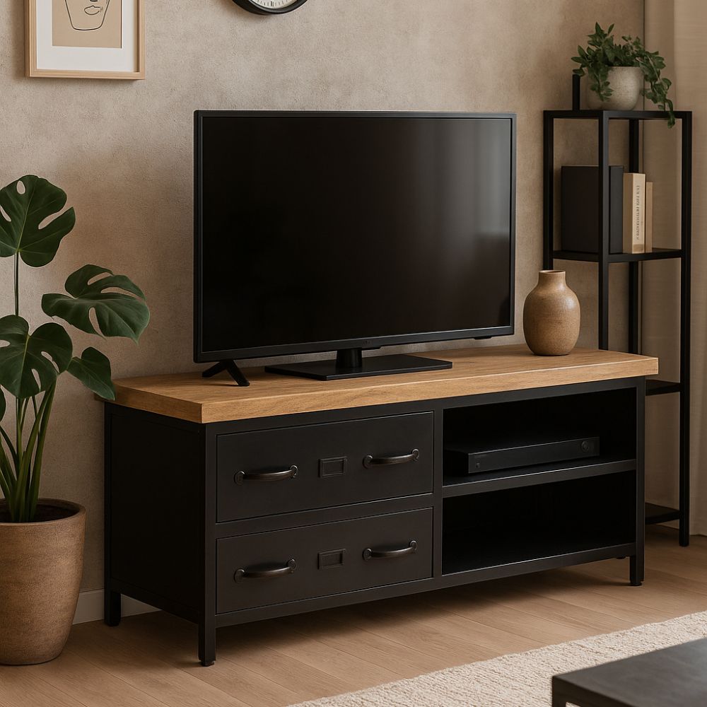 Meuble TV en Bois de Manguier et Métal Noir-La Fabrique Industrielle