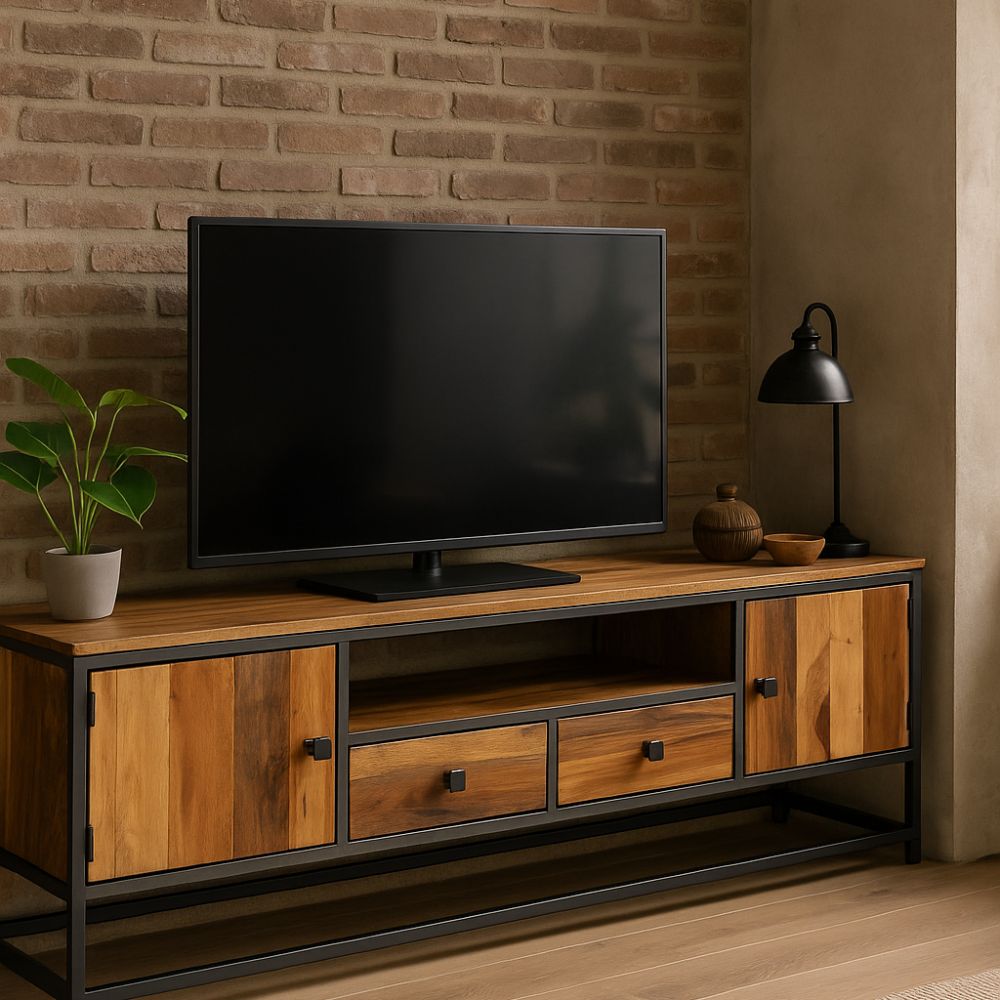Meuble TV en Bois de Récupération et Acier Gris Foncé-La Fabrique Industrielle
