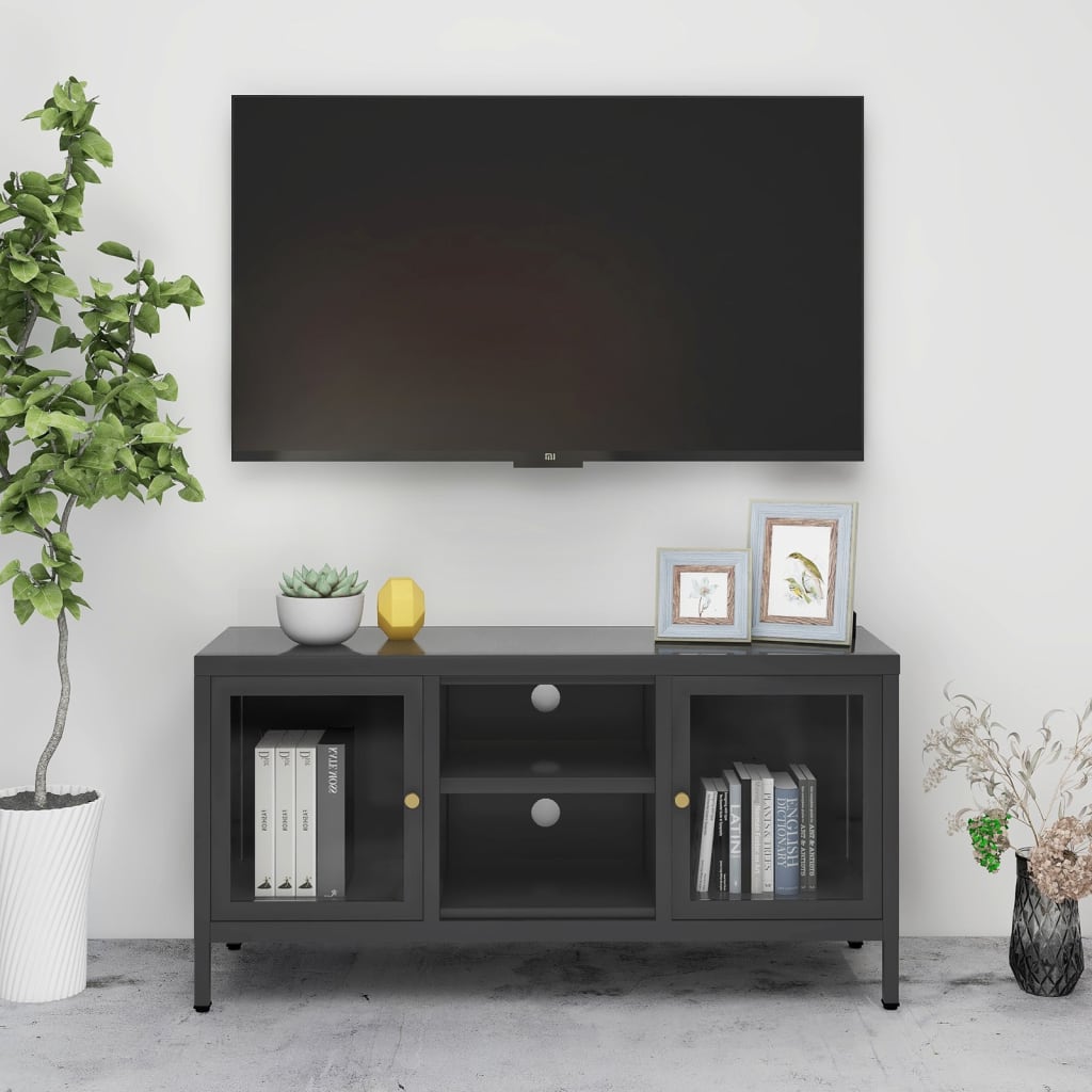 Meuble TV en Verre Trempé et Acier Blanc-Anthracite-1-La-Fabrique-Industrielle