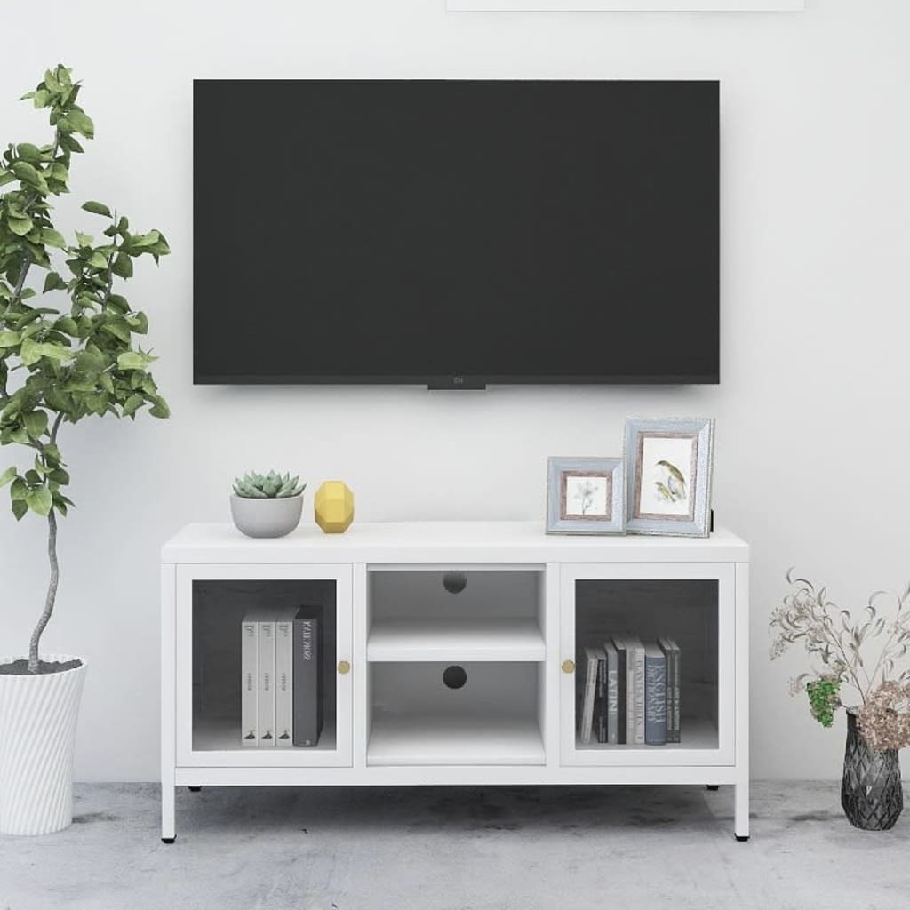 Meuble TV en Verre Trempé et Acier Blanc-Blanc-1-La-Fabrique-Industrielle