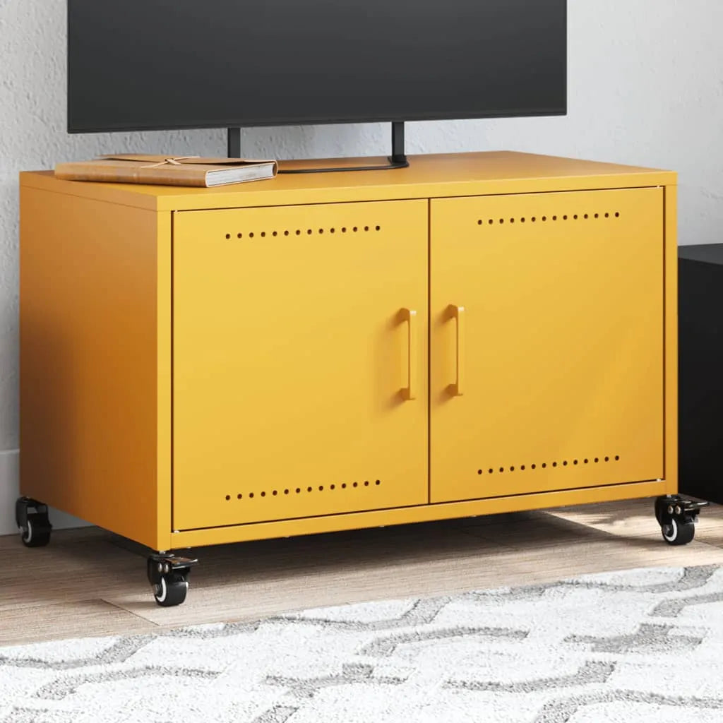 Meuble TV industriel en acier avec rangement intégré-Jaune-1-La-Fabrique-Industrielle