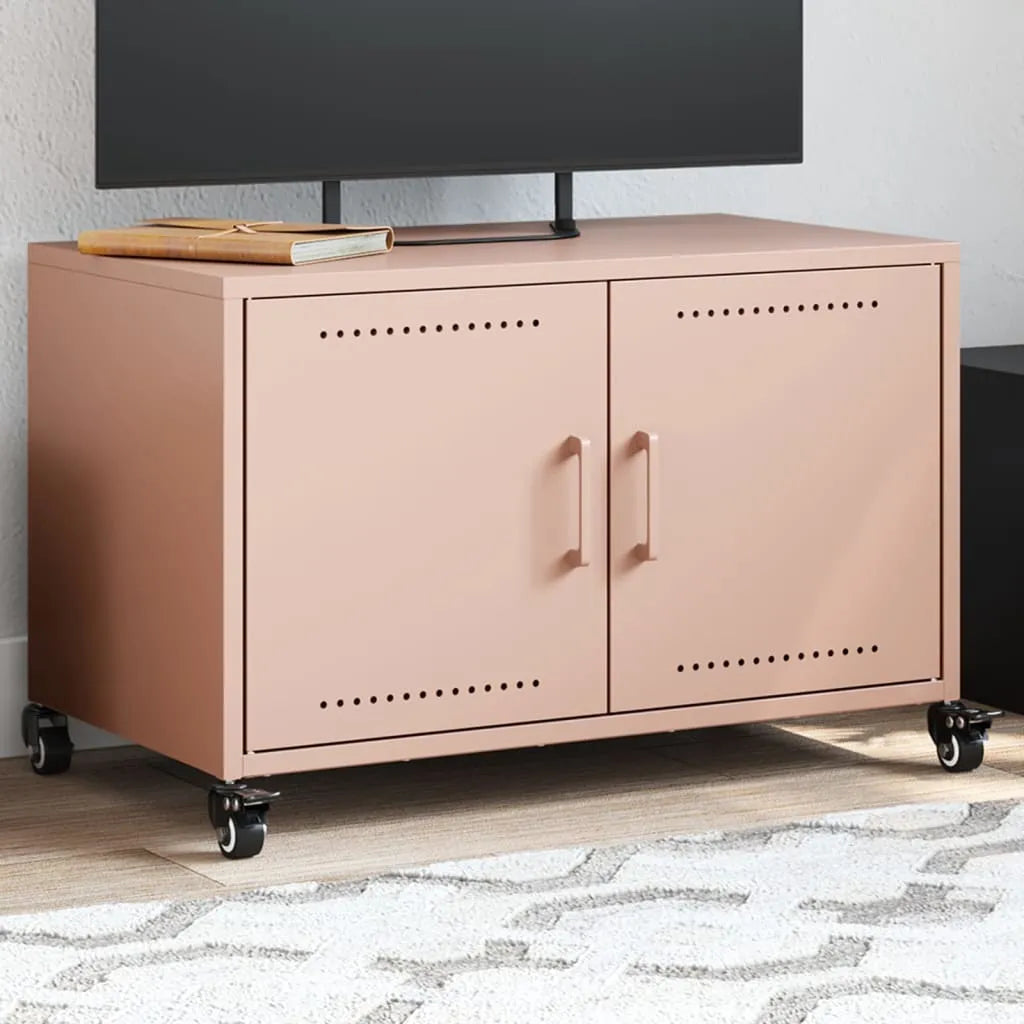 Meuble TV industriel en acier avec rangement intégré-Rose-1-La-Fabrique-Industrielle