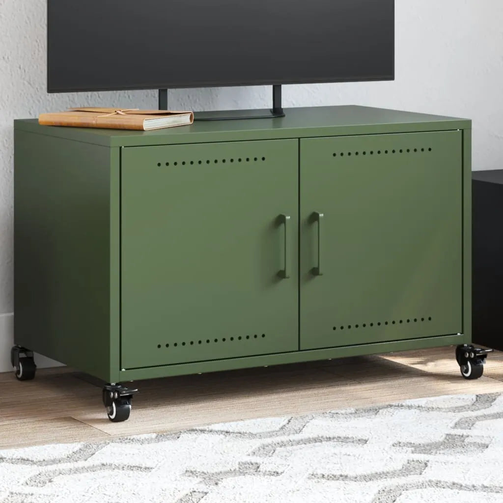 Meuble TV industriel en acier avec rangement intégré-Vert-1-La-Fabrique-Industrielle