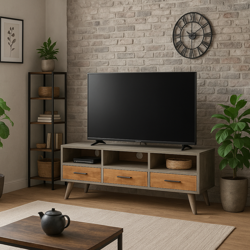 Meuble Télé Élégant en Bois Gris Massif-La Fabrique Industrielle