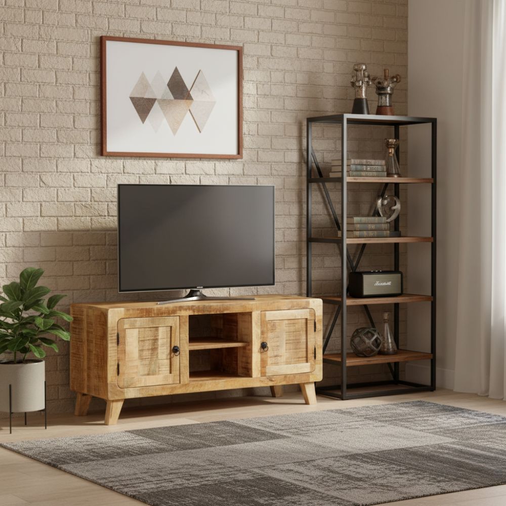 Meuble TV Industriel en Bois Naturel Clair