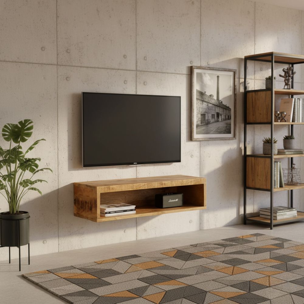 Meuble TV Suspendu en Bois Massif de Manguier Brut