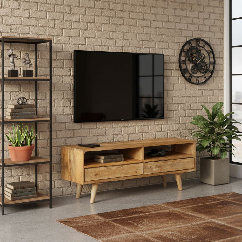 Meuble TV au Design Industriel en Bois de Manguier Massif