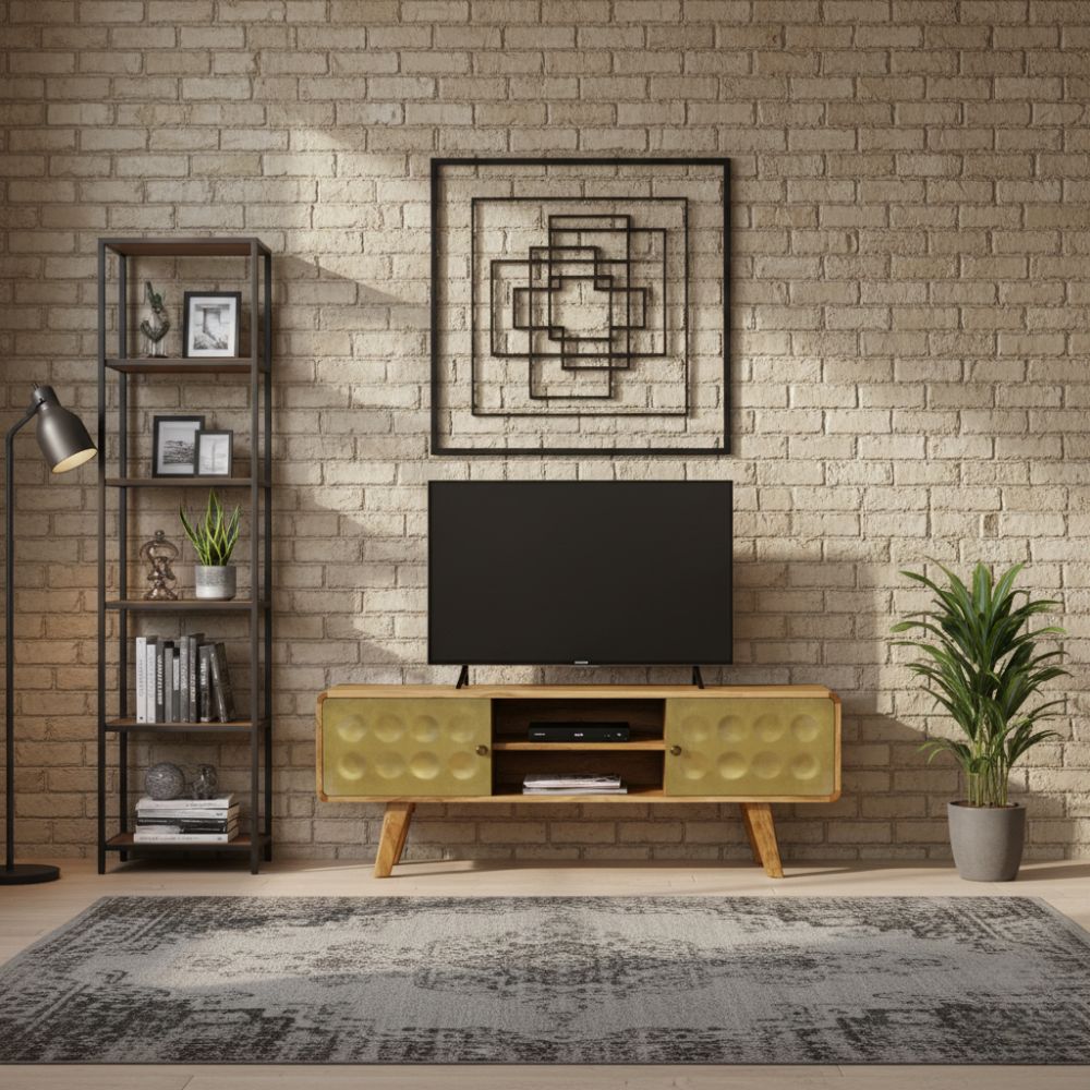 Meuble TV en Bois de Manguier et Doré