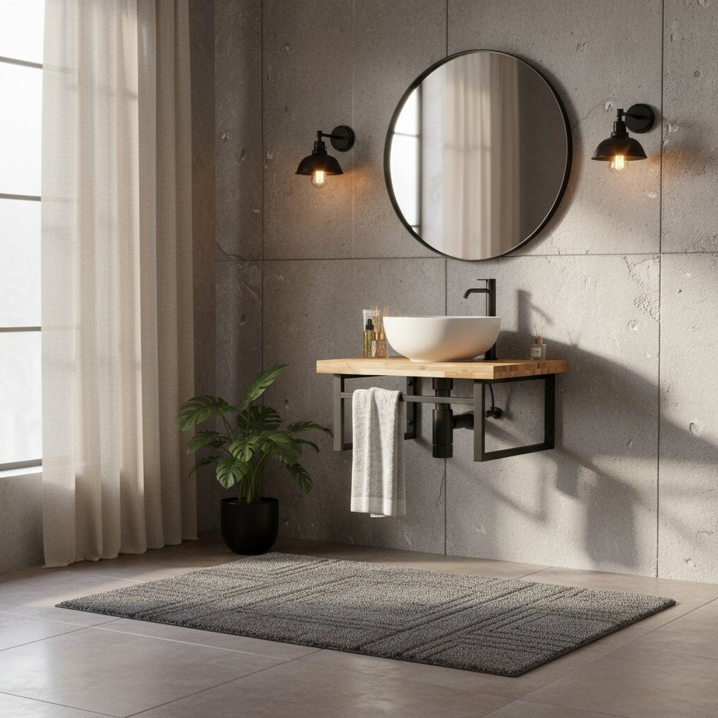 Meuble 1 Vasque en Bois Massif et Acier pour Salle de Bain