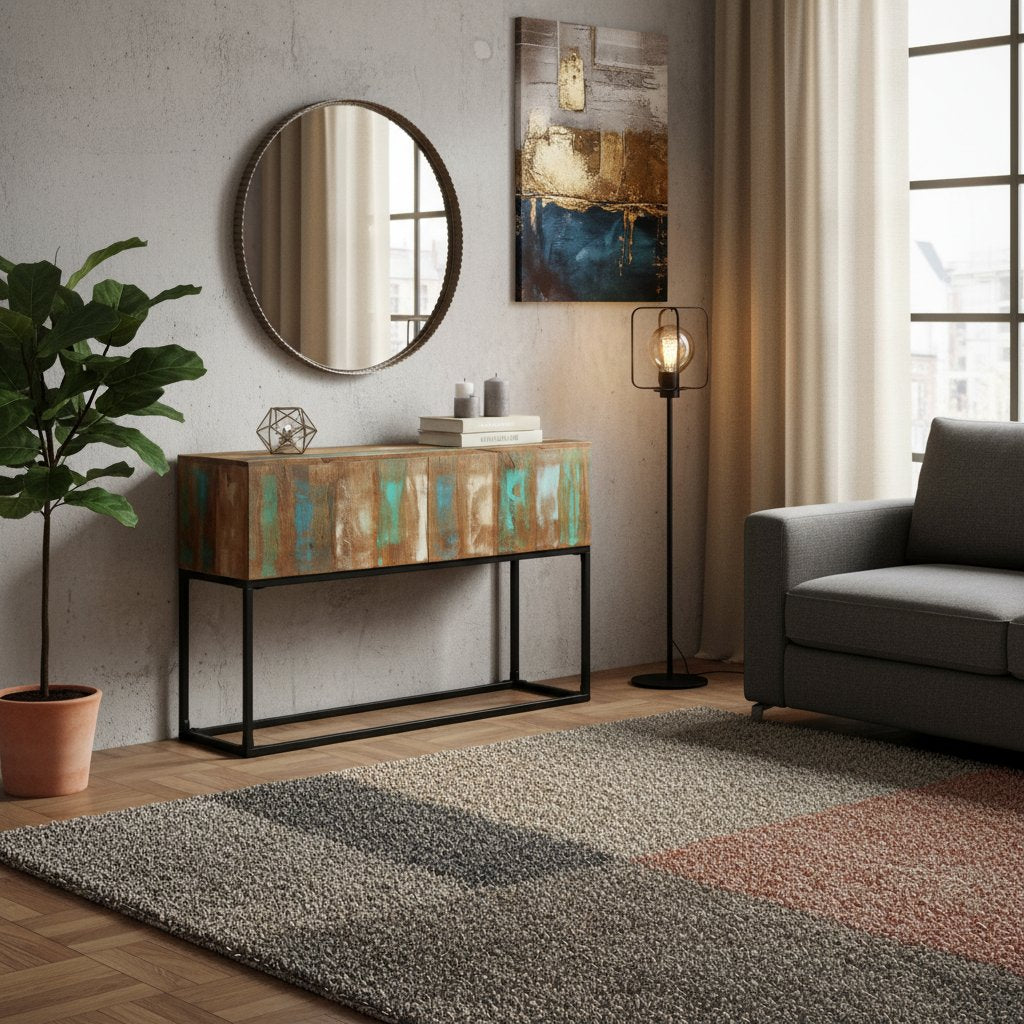 Meuble Console en Bois et Métal Recyclé