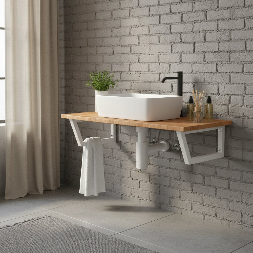 Meuble Étagère Murale sous Vasque en Bois Massif et Acier