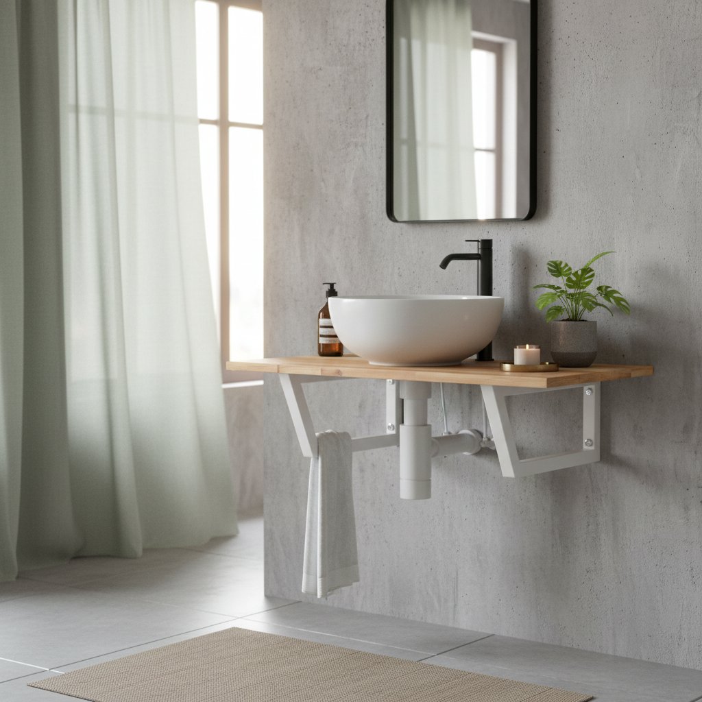 Meuble Étagère Murale sous Vasque en Bois et Acier