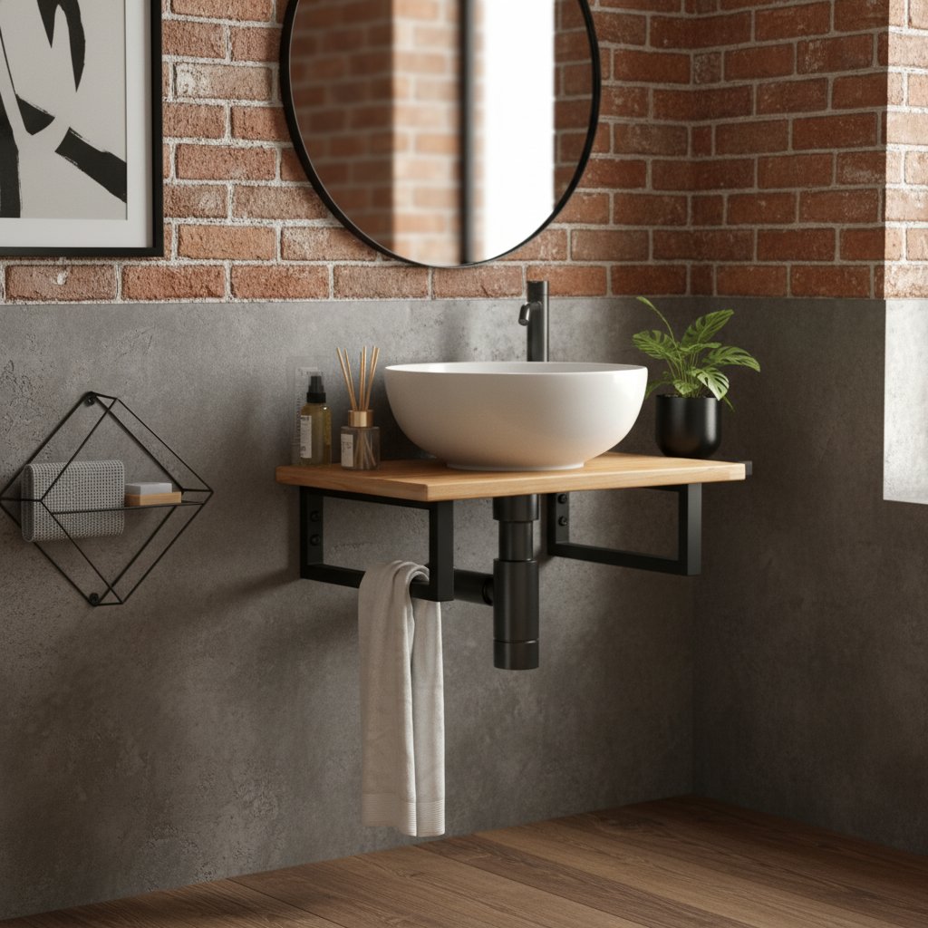 Meuble Salle de Bain 1 Vasque en Bois et Acier Noir