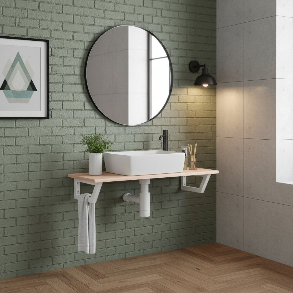 Meuble Salle de Bain Mural en Acier et Bois Type Industriel