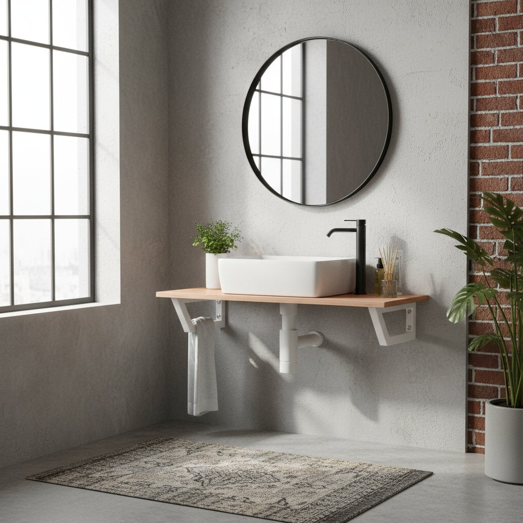 Meuble Salle de Bain en Bois Clair et Acier Blanc