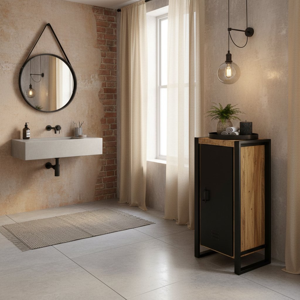 Meuble Salle de Bain en Bois Massif Industriel 90 cm