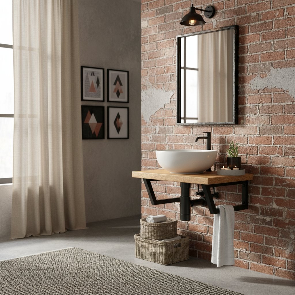 Meuble Sous Vasque en Bois Naturel et Acier Noir