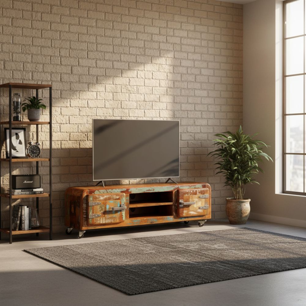 Meuble TV Authentique en Bois Massif et Roulettes