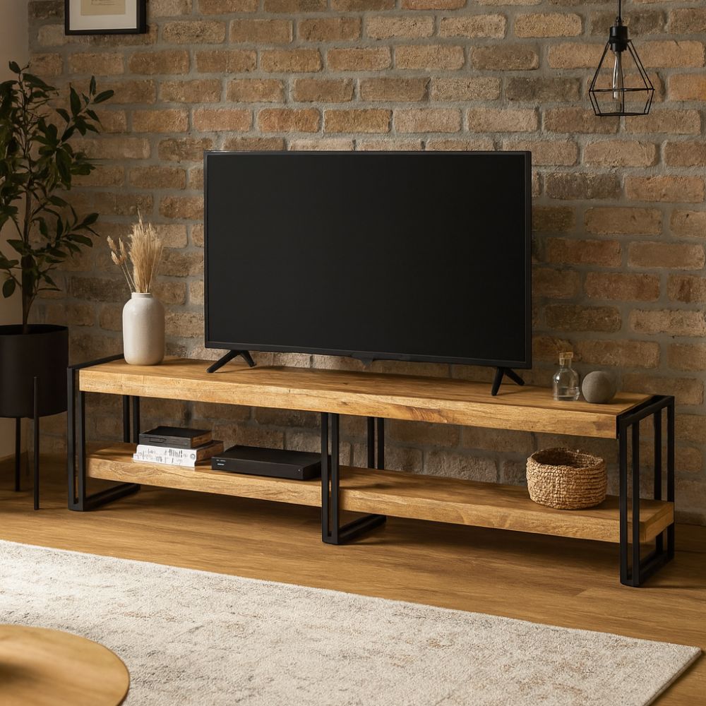Meuble TV Élégant en Bois de Manguier et Métal Noir