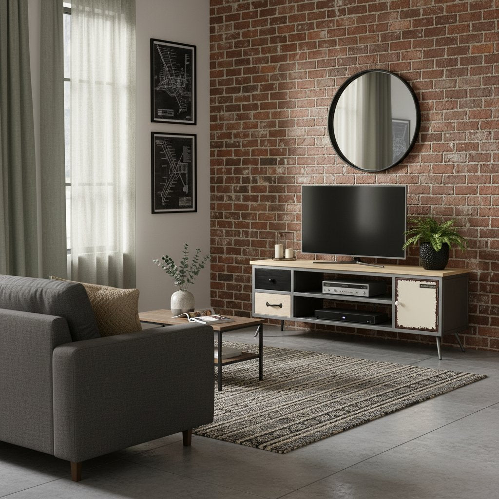 Meuble TV Industriel Moderne en Bois et Acier