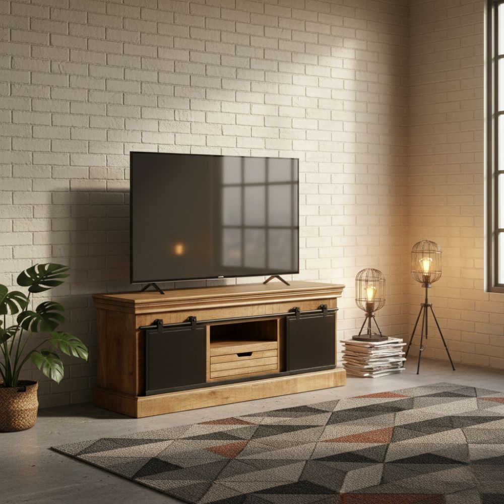 Meuble TV Industriel avec Portes Coulissantes