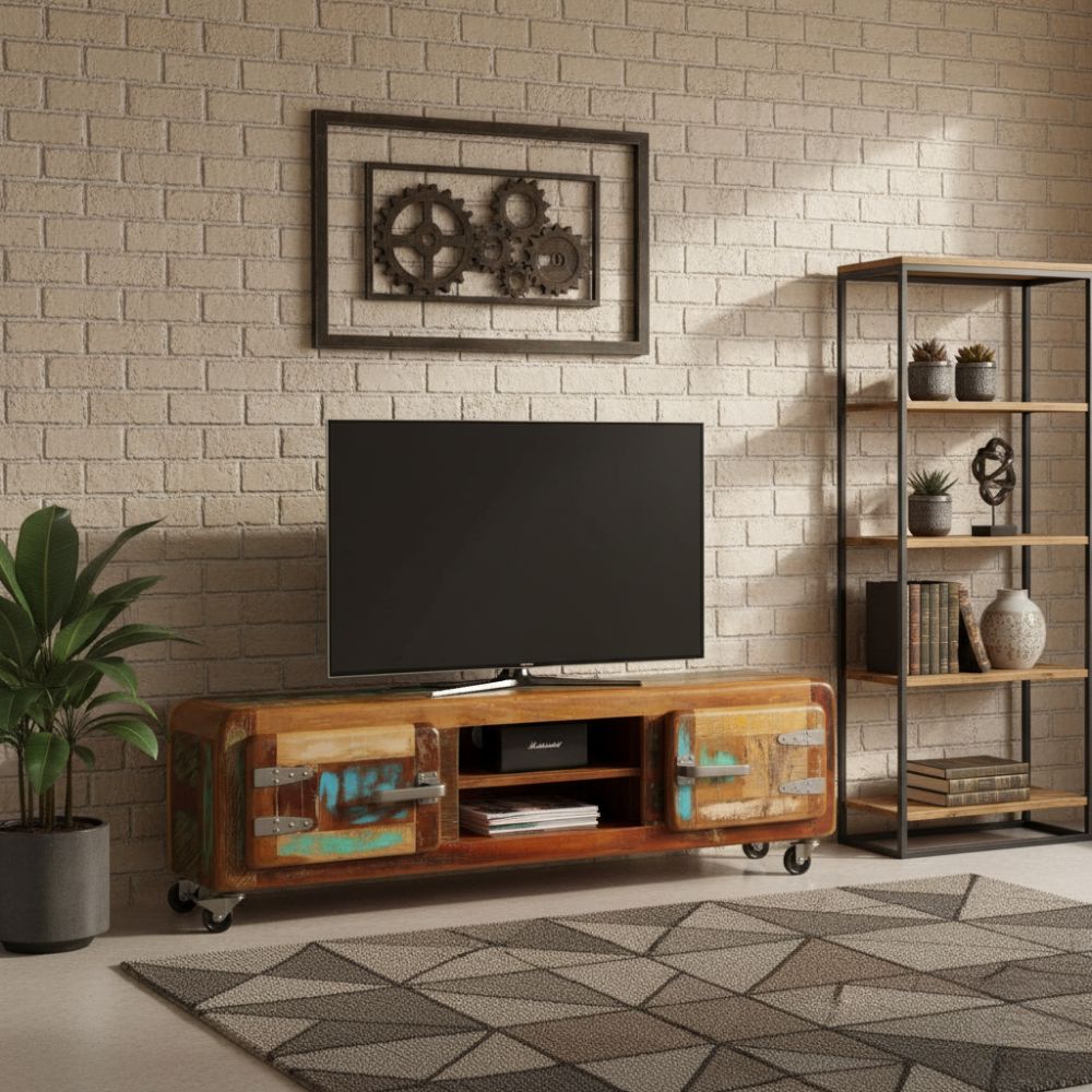 Meuble TV Industriel avec Roulettes en Bois Massif