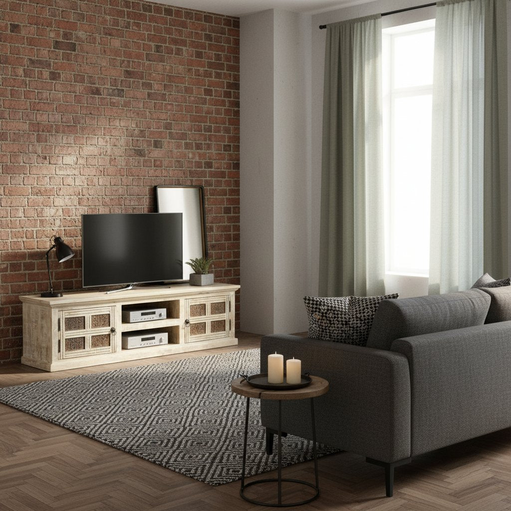 Meuble TV Industriel en Bois Massif Blanchi