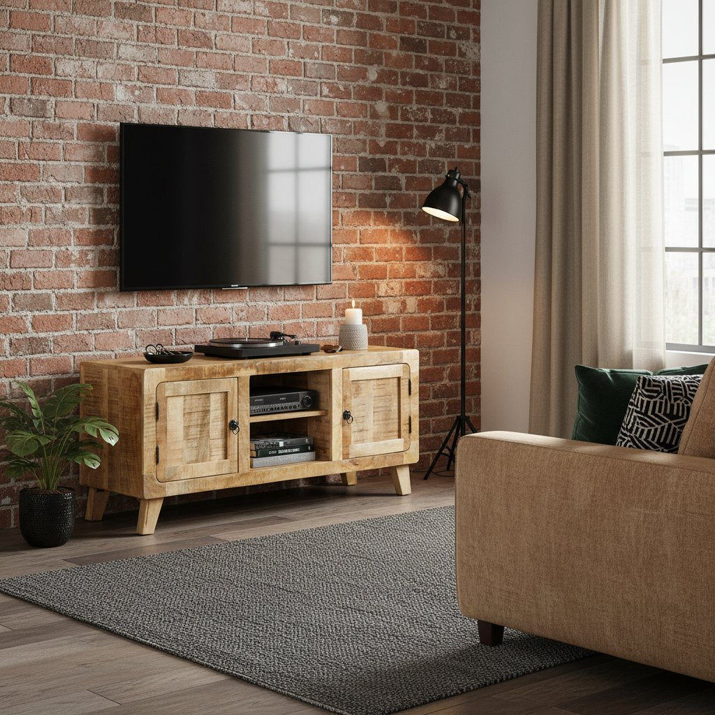 Meuble TV Industriel en Bois Naturel Clair