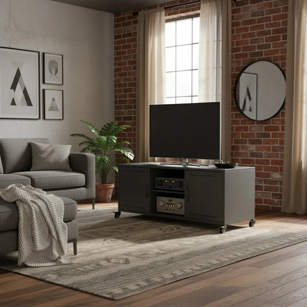 Meuble TV Industriel en Métal avec Roulettes