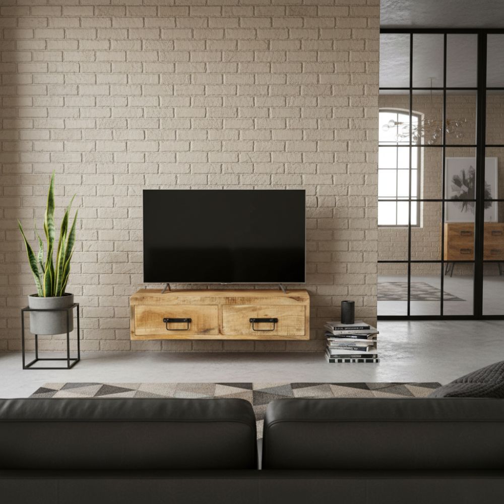 Meuble TV Mural en Bois de Manguier Brut