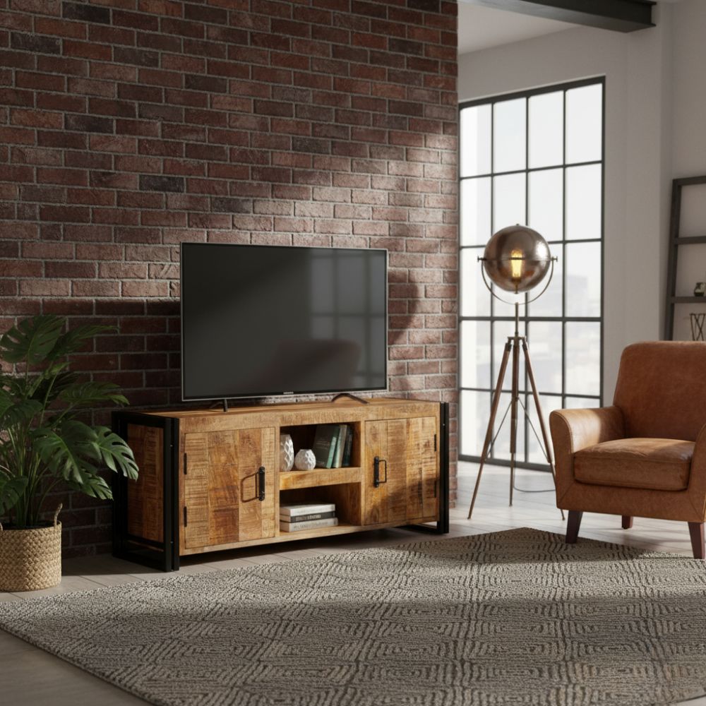 Meuble TV Vintage en Bois de Manguier Style Industriel