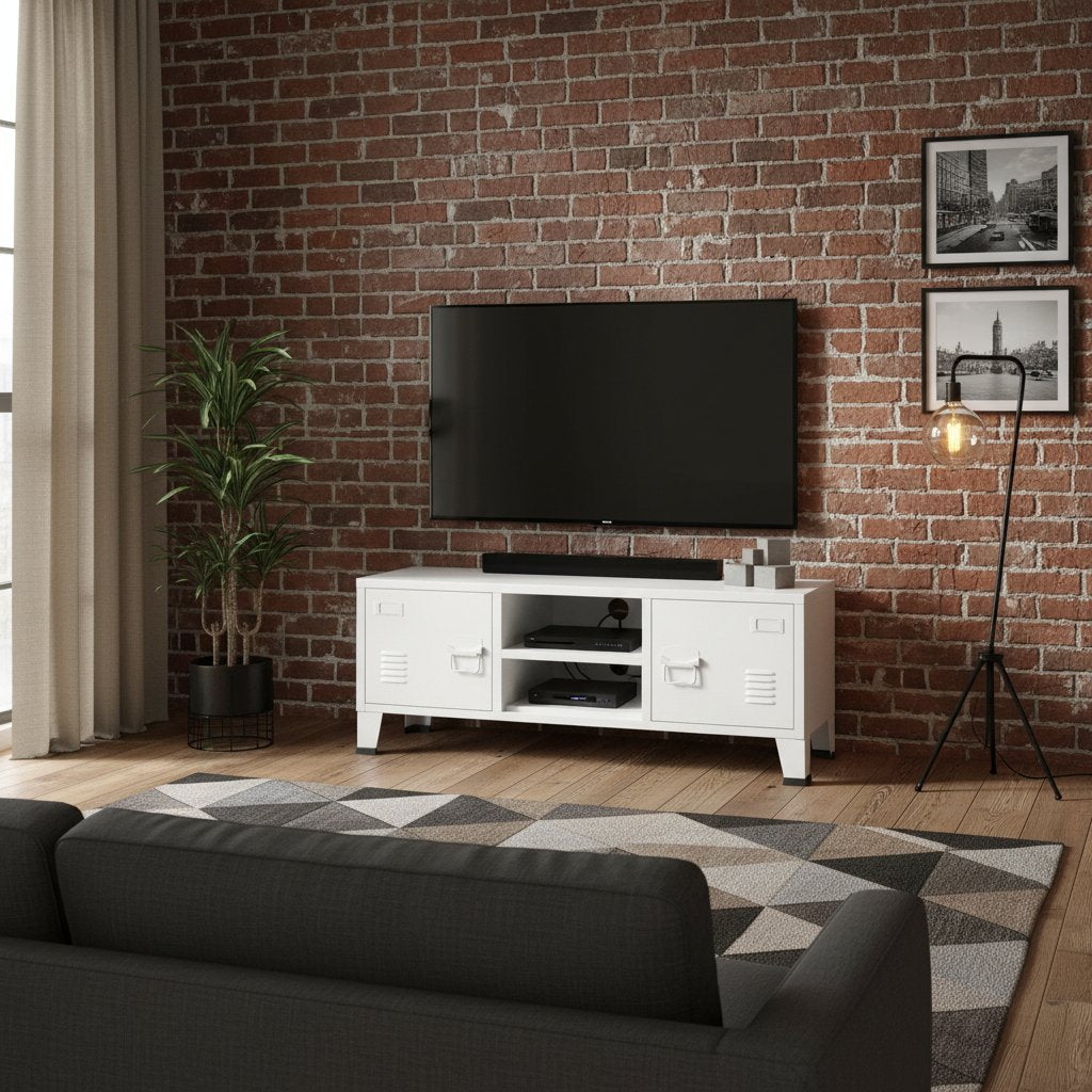 Meuble TV au Charme Industriel en Métal Blanc