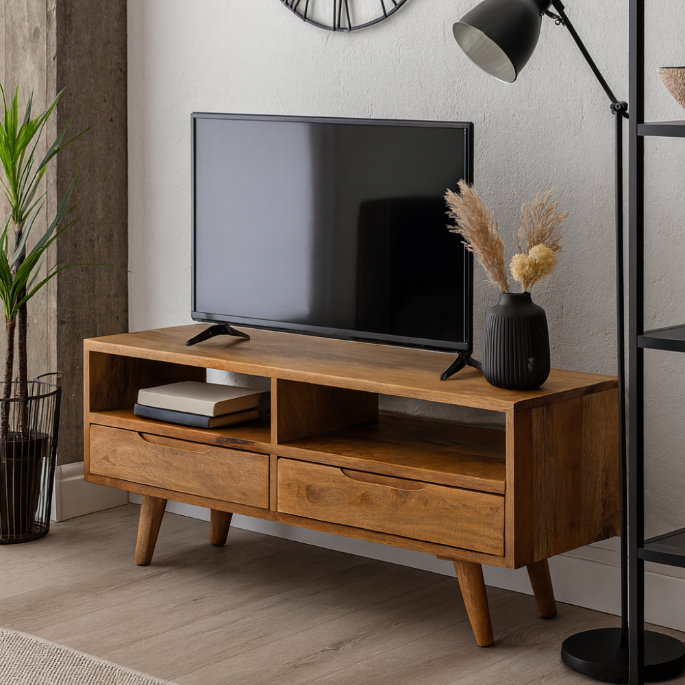 Meuble TV au design industriel en bois de manguier massif