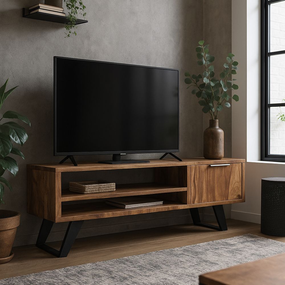 Meuble TV en Acier et Bois Massif au Style Industriel