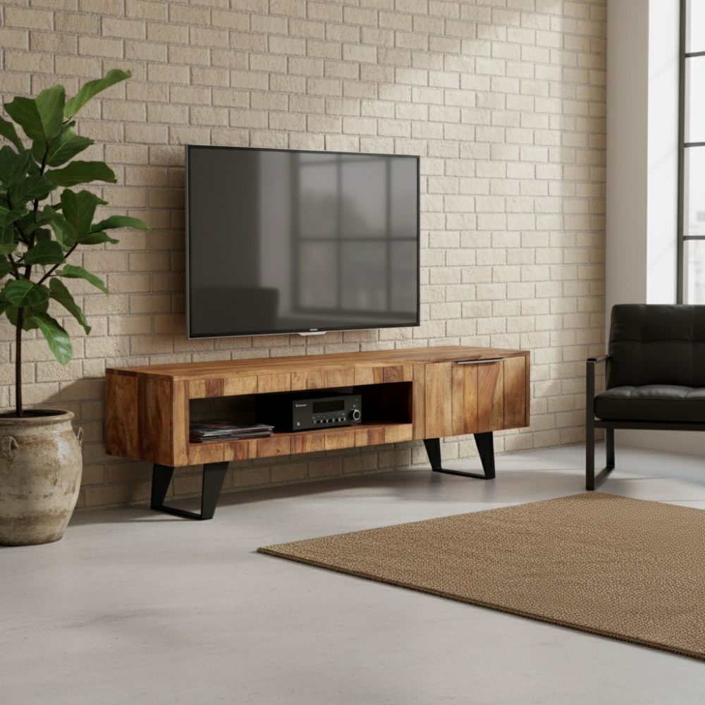 Meuble TV en Acier et Bois Massif au Style Industriel