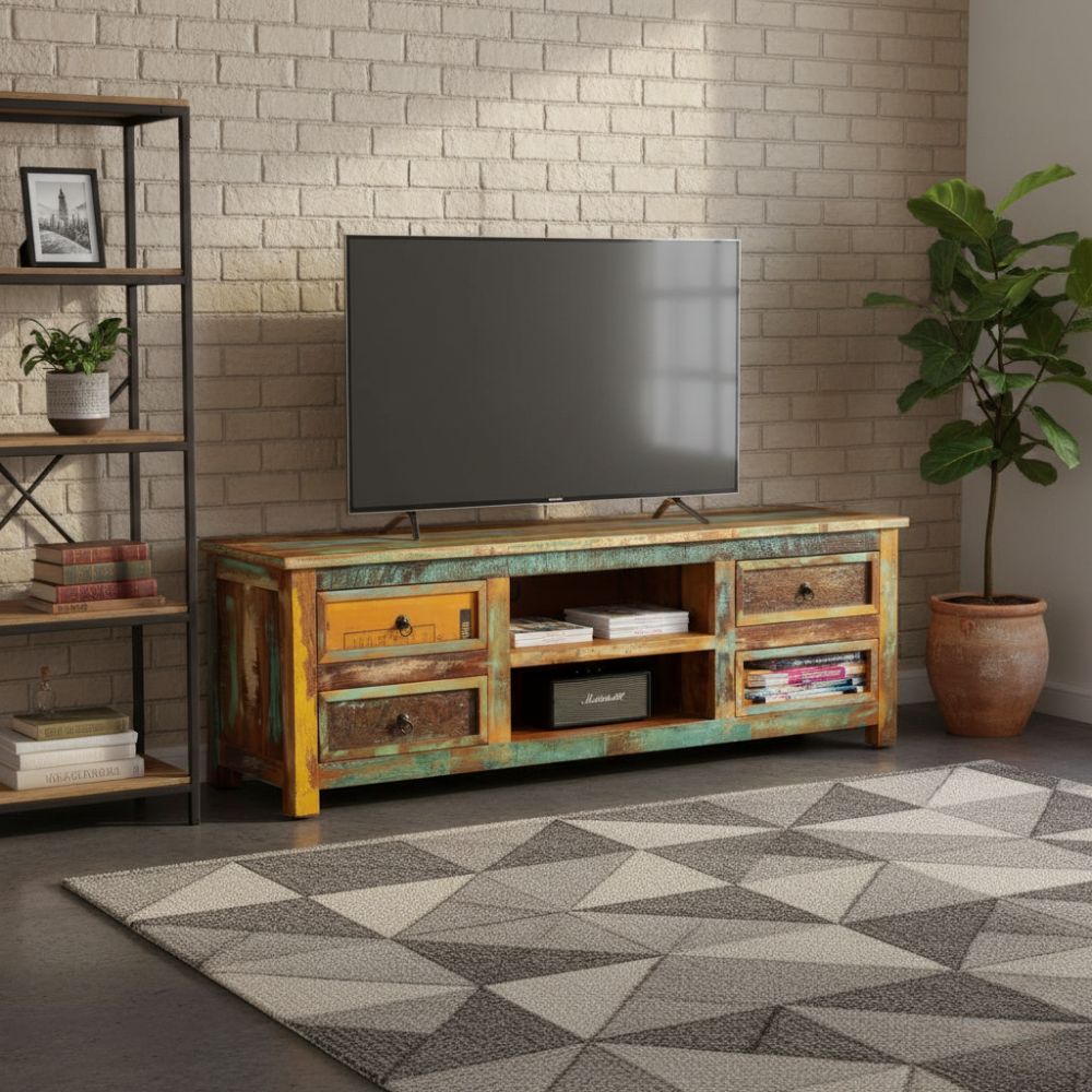 Meuble TV en Bois Massif Industriel 150 cm