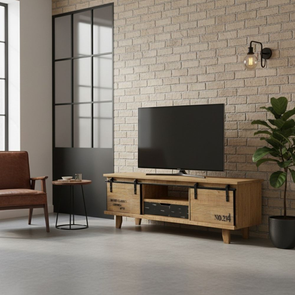Meuble TV en Bois Massif au Style Industriel