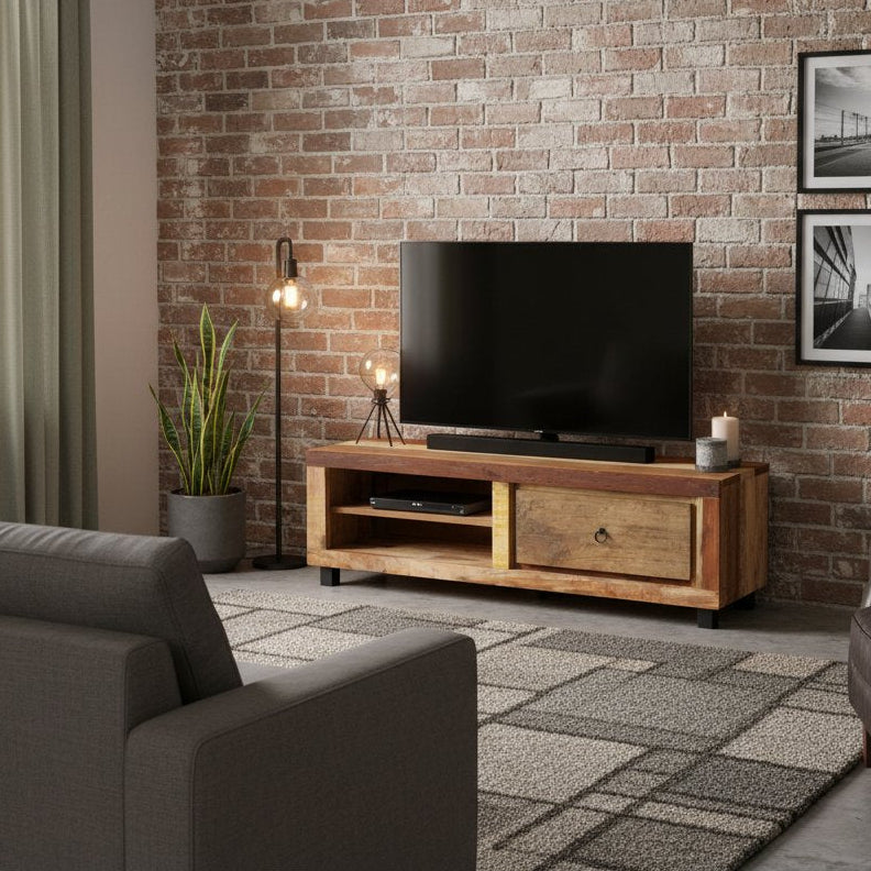 Meuble TV en Bois Massif avec Tiroir de Style Industriel