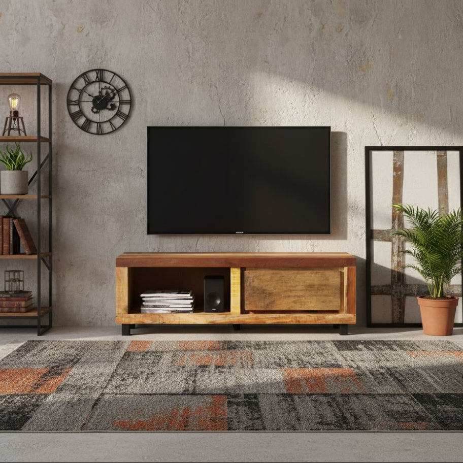 Meuble TV en Bois Massif avec Tiroir de Style Industriel