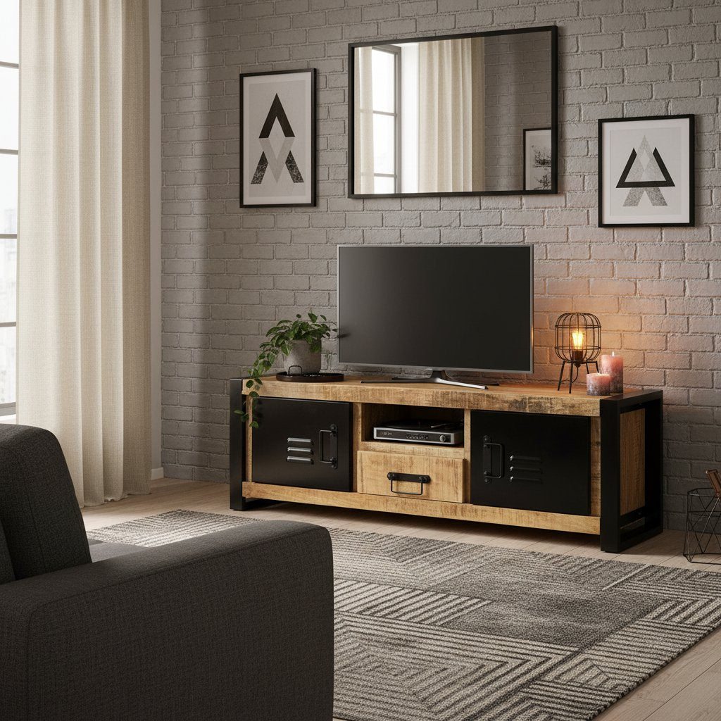 Meuble TV en Bois Massif et Fer Forgé