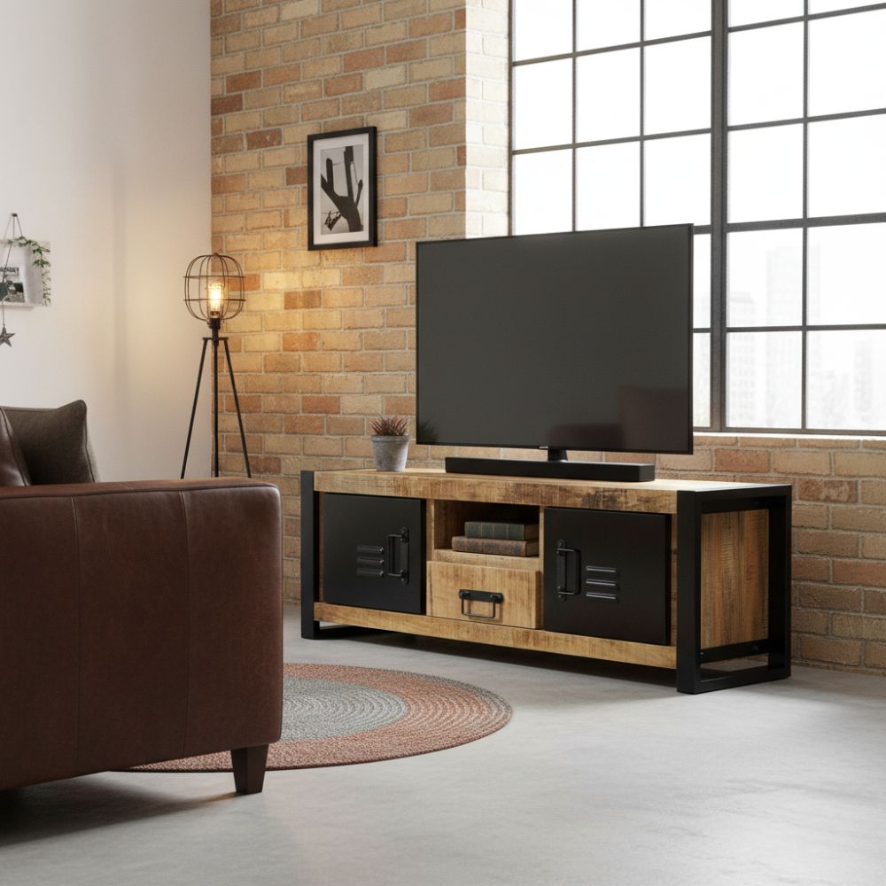 Meuble TV en Bois Massif et Fer Forgé