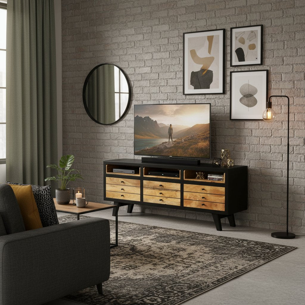 Meuble TV en Bois Massif et Noir Indus