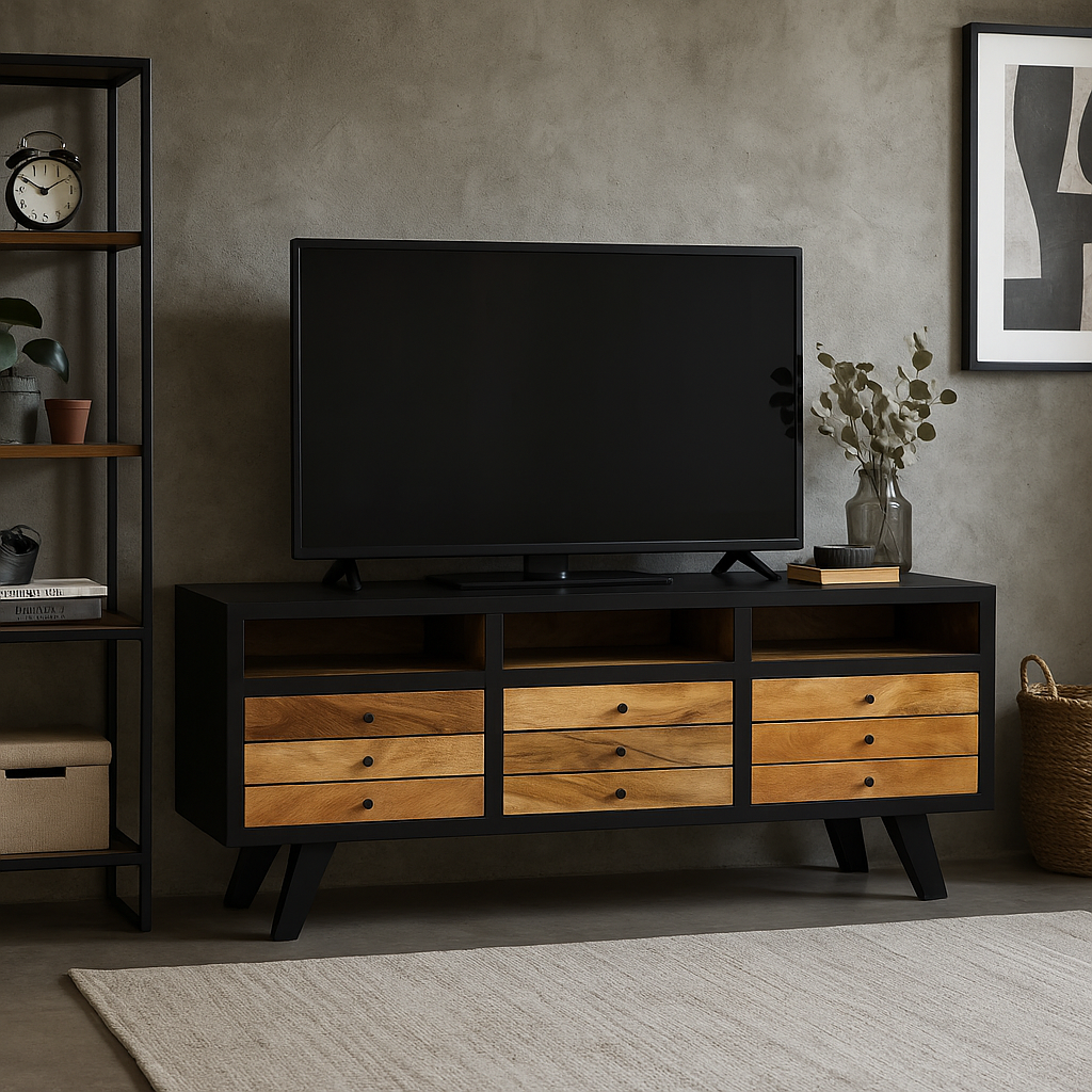 Meuble TV en Bois Massif et Noir Indus
