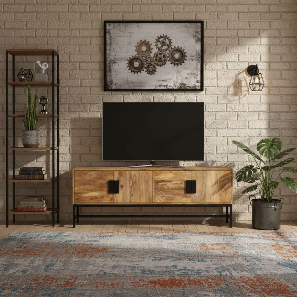 Meuble TV en Bois Massif et Style Industriel 140 cm