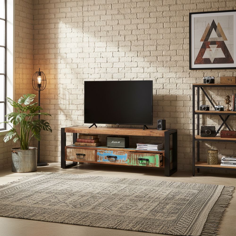 Meuble TV en Bois Recyclé Coloré Vintage